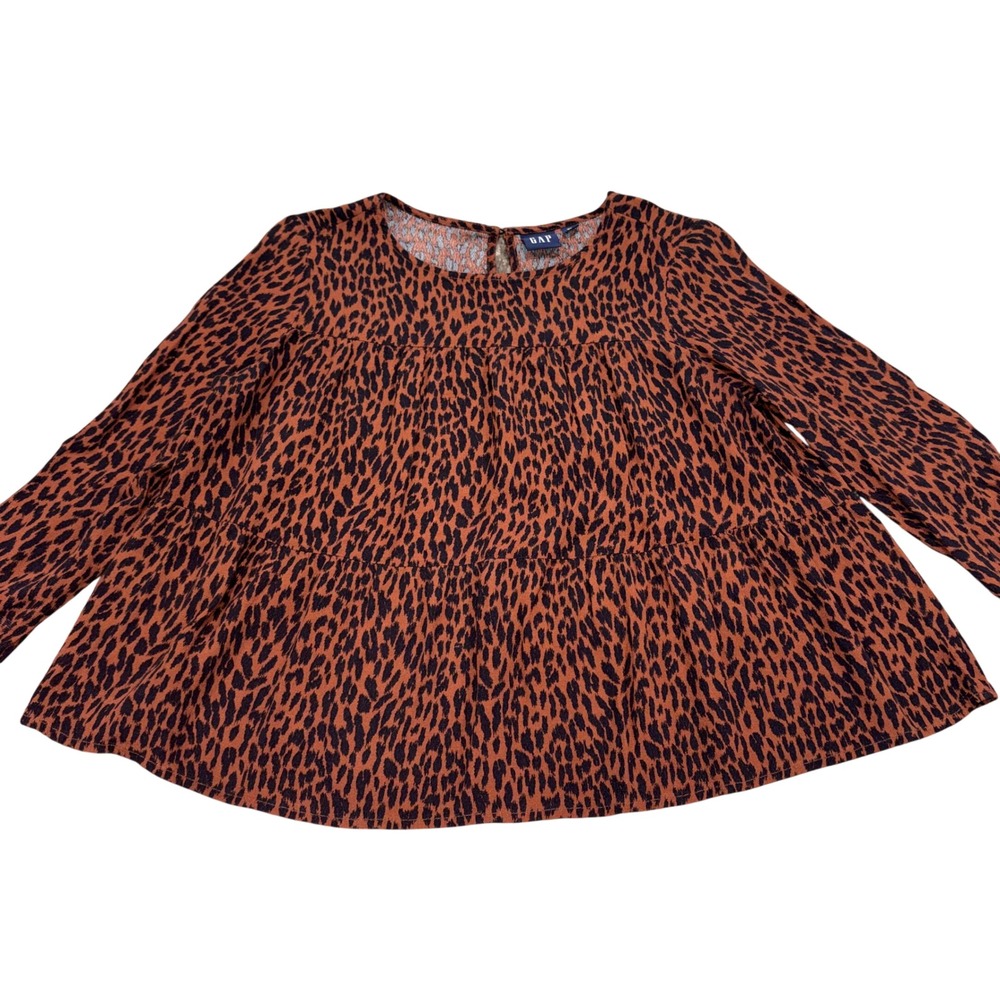 Leopard‎ Tiered Babydoll Long Sleeve Top Womens XS Brown GAP